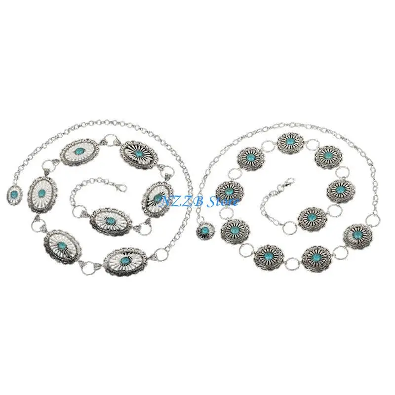 

T21F Delicate Carved Turquoise Buckle Waist Belt Women Prom Party Dress Belt Thin Shinning Ethnic Adjustable Belt