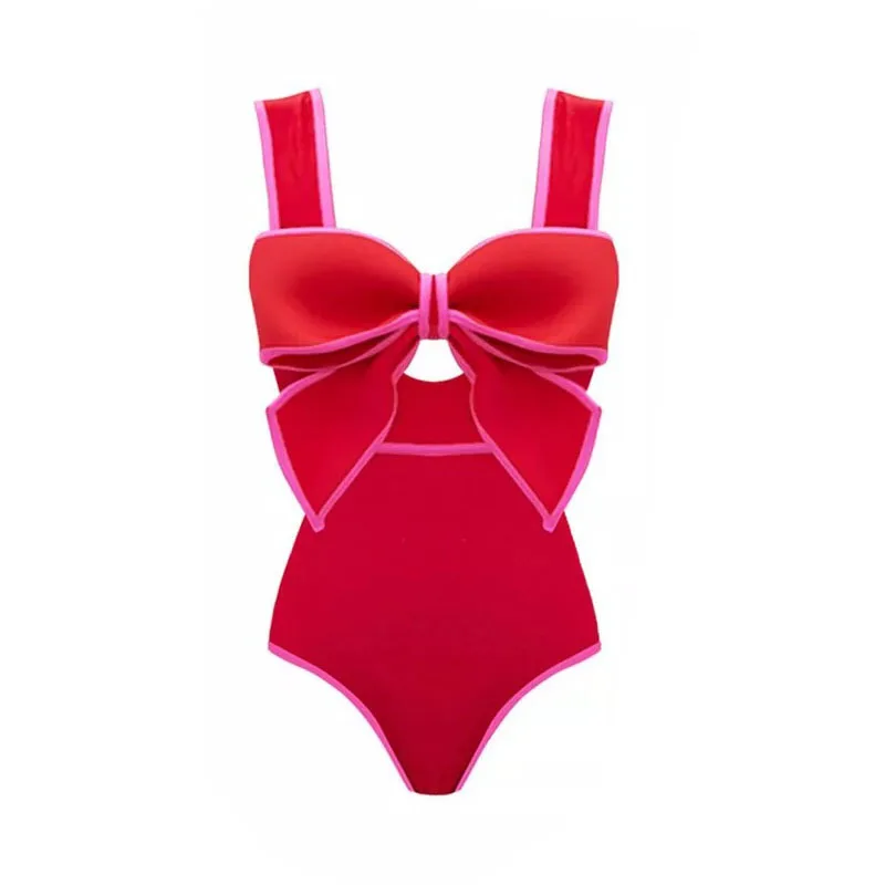 ZAFUAZ Sexy 2024 Red Retro One Piece Swimsuit Women Bow Tie Swimwear With Skirt Bathing Suit Monokini Beach Bodysuit Beach Wear