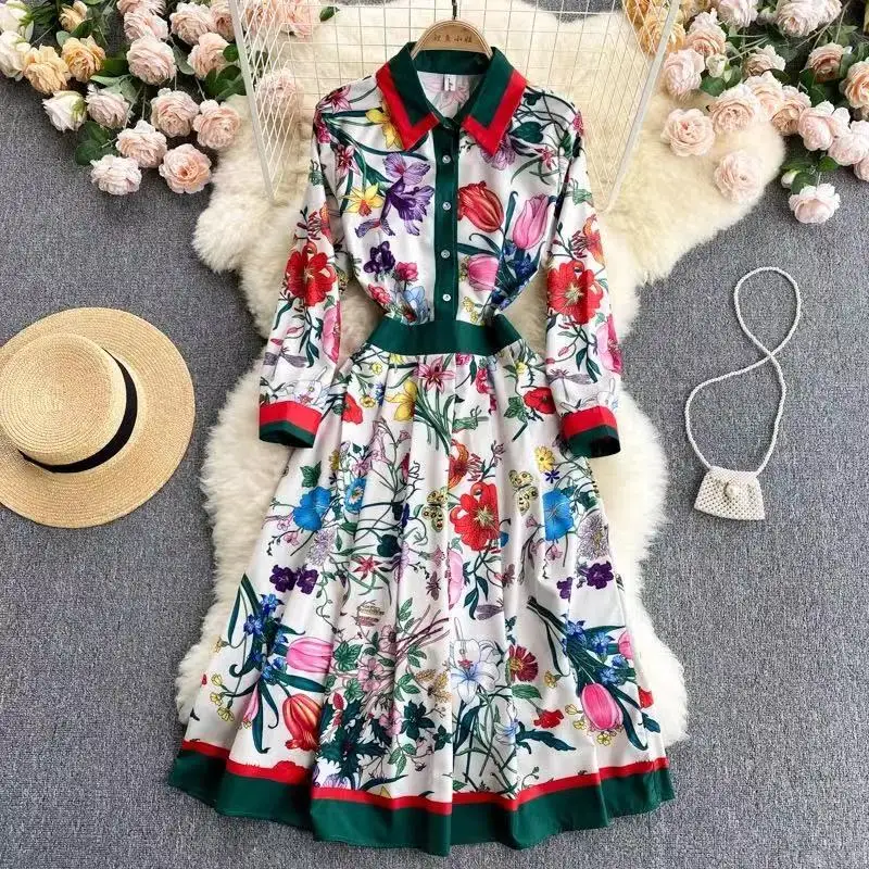 

Fashion 2021 Spring Autumn Fashion Runway Shirt Dress Women's Long Sleeve Elegant Floral Stripe Print OL Pleated Midi Dress