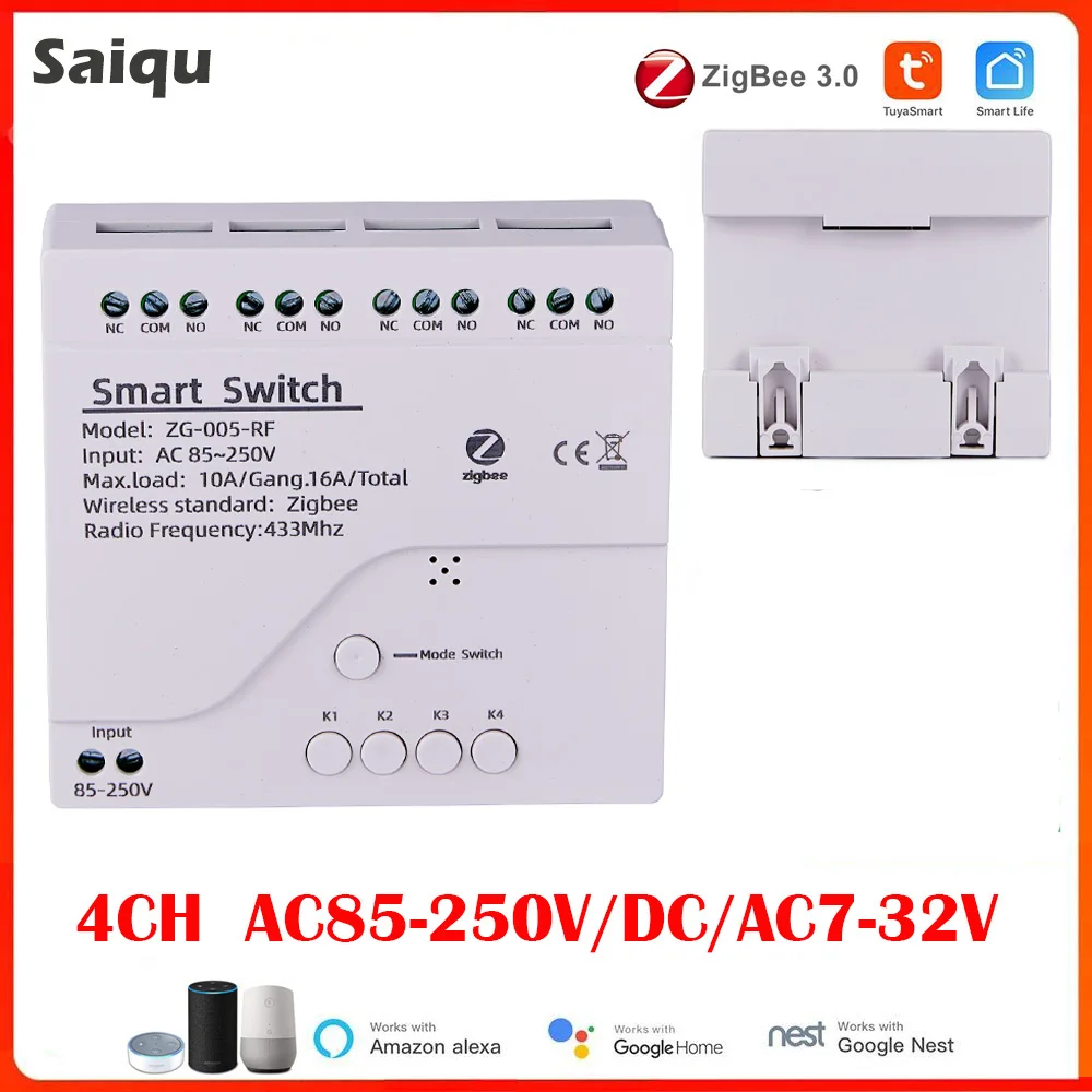 4CH Zigbee Tuya Smart Home Relay Module 85-250V Relay AC DC 7-32V 85-250V Works Alexa Google Assistant Smart Light Switch