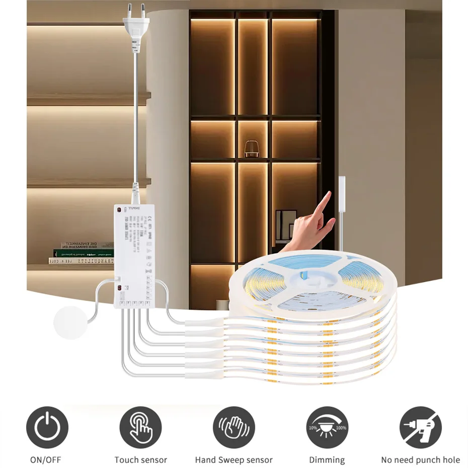 

Светодиодная витрина для шкафа COB Светодиодная лента ЕС AU UK США Книжный шкаф Шкаф Лампа Лента Penetrable Деревянный сенсор с регулируемой яркостью