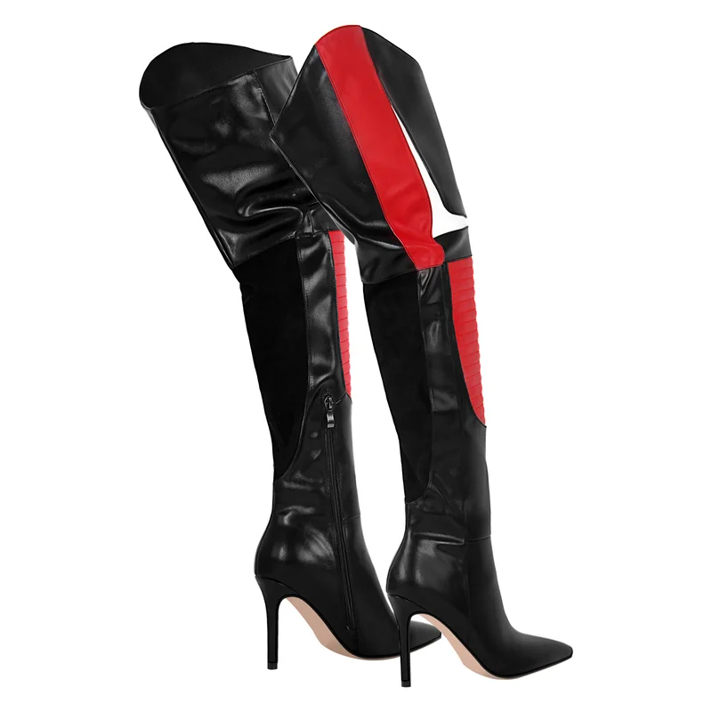 Onlymaker Women Pointed Toe Red Patchwork Over The Knee Sexy Thigh High Boots 10CM Thin Heel Side Zipper Winnter Boots