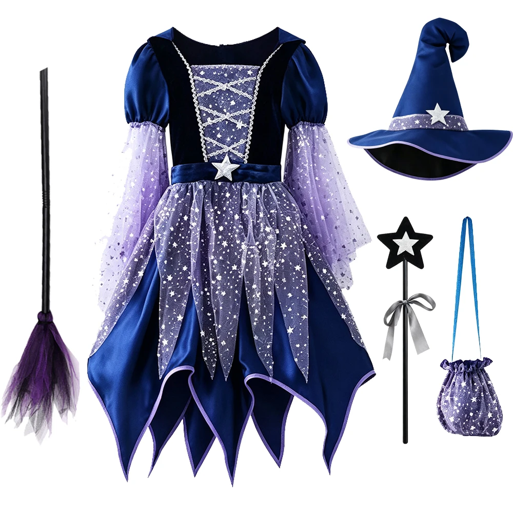 Hexenkostüm für Mädchen, Halloween-Kleid-Set mit Sternenmuster, inklusive Hut, Tasche und Zauberstab, für Kinder, Cosplay, Party, Verkleidung. – Detail 7
