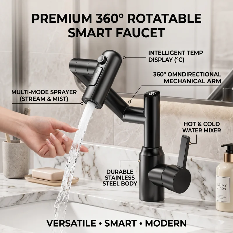 

Stainless Steel Faucet Washbasin Hand Washing Bathroom Multifunctional Mechanical Hot and Cold Water Display, Universal Rotation