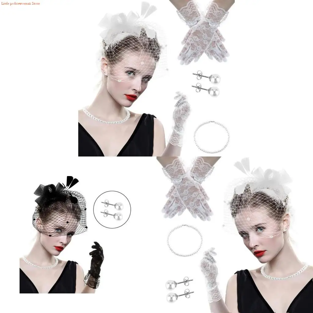 

F92D 20s Fascinator головной убор для коктейлей и вечеринок с кружевными перчатками, заклепками с ушками, головной убор для для