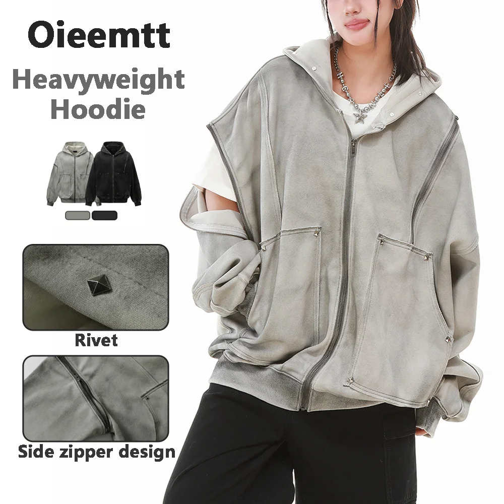 

American Vintage Outwear Dirty Wash Zip up Hoodie Coat Side Zipper High Street Cotton Jacket for Autumn Spring