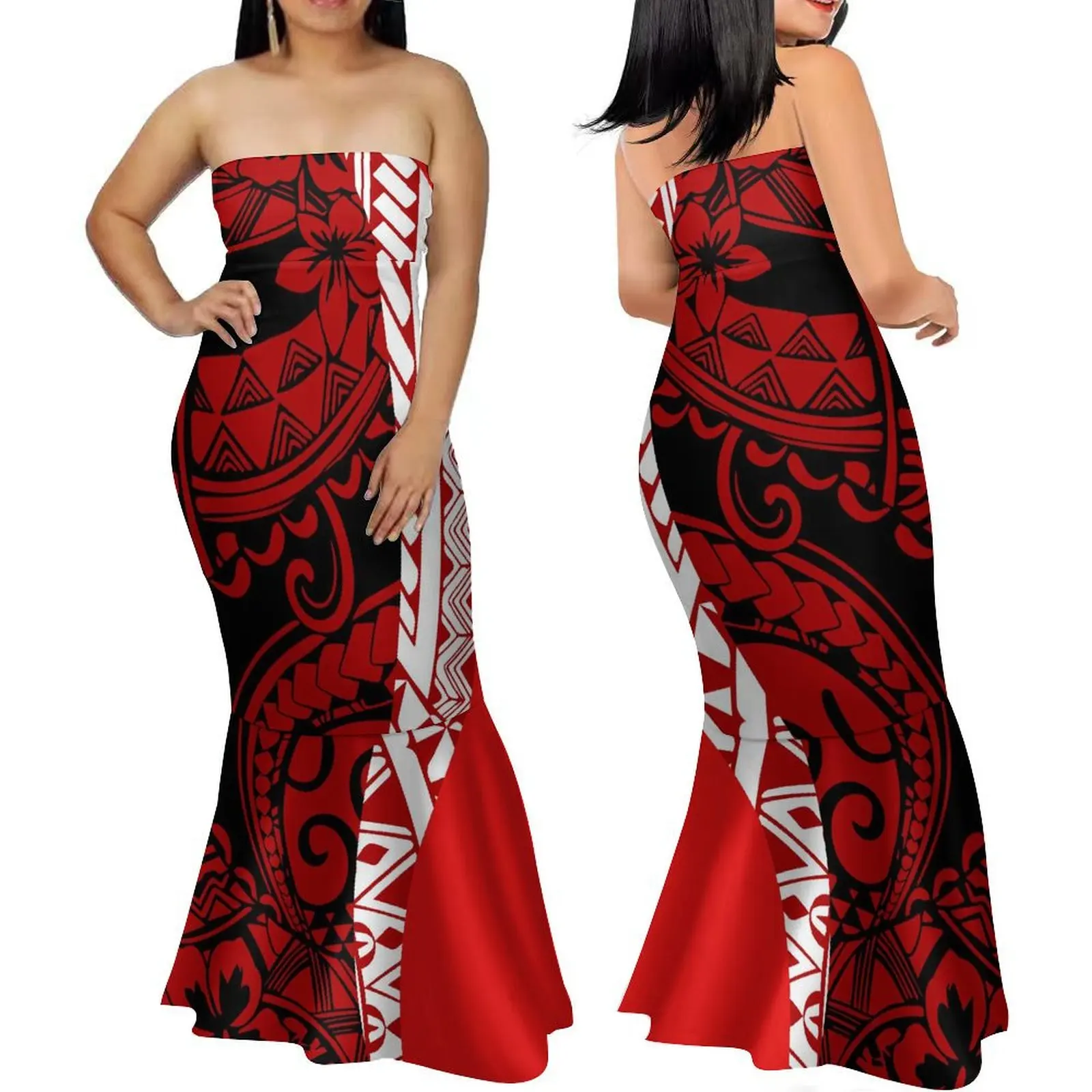 Samoa Polynesian Style Strapless Mermaid Dresses  Fashion Off Shoulder Printed Bodycon Dress Evening Dresses Gowns