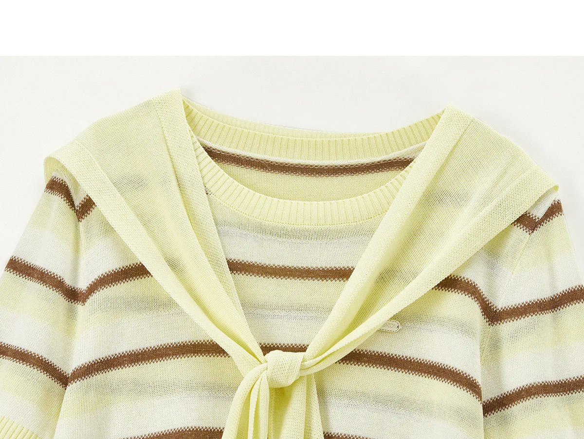 SENTUBILA Leichter Strickpullover für Damen mit Streifenmuster, Rundhalsausschnitt, abnehmbarem Schal, Sommer-Freizeitpullover mit kurzen Ärmeln, Top W62HC7519 – Detail 26