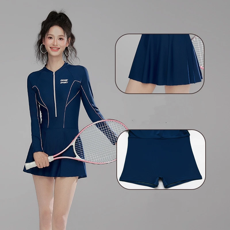 Women One Piece Long Sleeve WaterProof Surfing Paded Beach Swim Skirts Female Front Zipper Athletic Bathing Push Up SwimWear