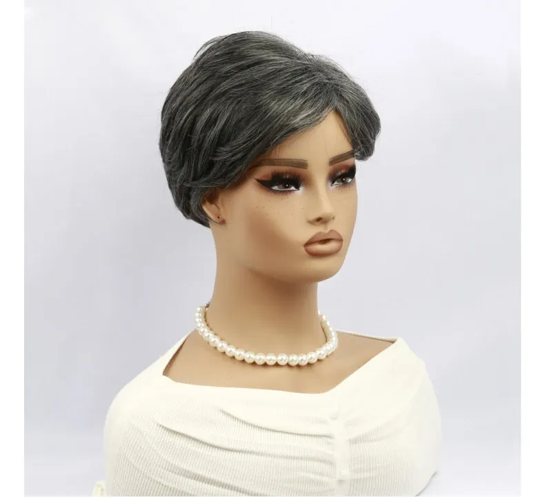 วิกผมหญิง แฟชั่นยุโรปและอเมริกา ผมสั้นฟู หน้าม้าเฉียง ผมสั้นตรงสีเทา สารเคมีไหมที่มีอุณหภูมิสูง