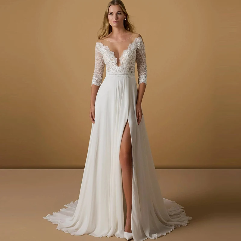 Boho Wedding Dresses Bride Embroidered Lace On Net A-Line Ball Gown Sleeveless V-Neck Customized Women's Wedding Gowns Backless