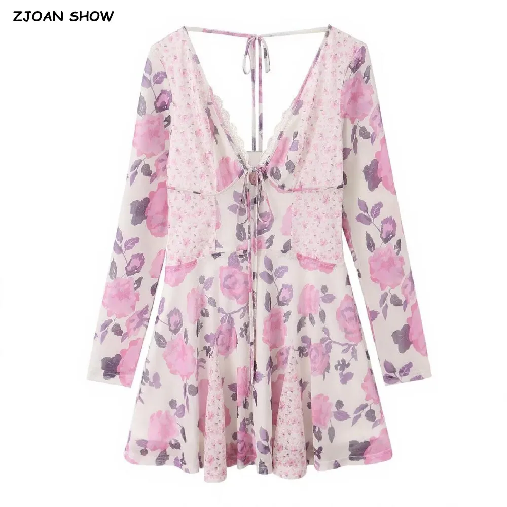 

Stylish Women Bow V neck Pink Floral Print long Sleeve Mesh Dress Slim Waist A-lined Short Dresses Chiffon Robe