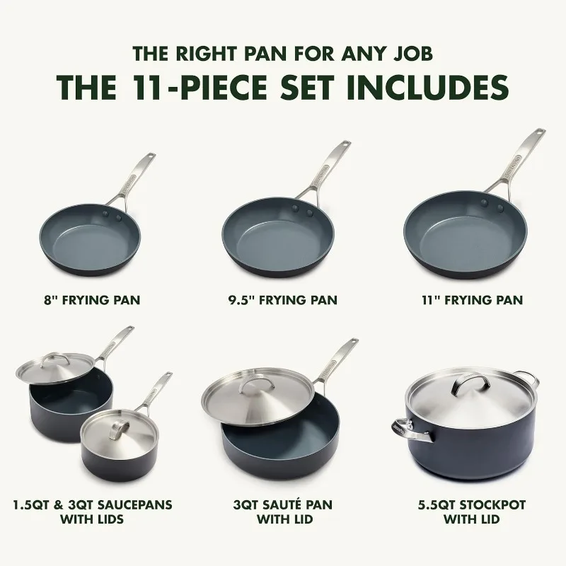 Paris Pro Hard Anodized Healthy Ceramic Nonstick, 11 Piece Cookware Pots and Pans Set with Stainless Steel Lids