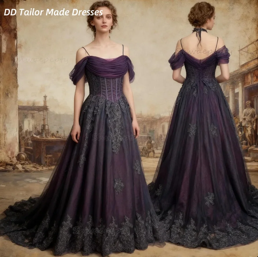 Abito da sposa gotico in pizzo nero Appliques Pff-Spalla A-Line Abiti da sposa lunghi vintage Abiti da sposa personalizzati con lacci