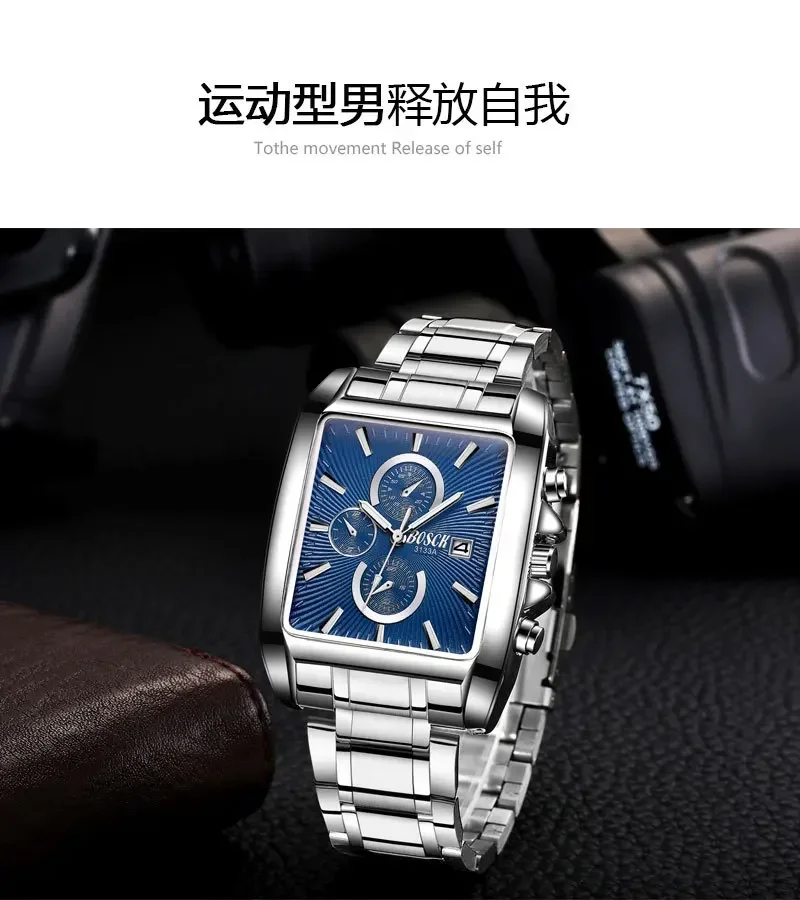 Men\'s Watch Luminous Waterproof Casual Business Square Sports Calendar Watch 30m Waterproof Steel Band Quartz Casual Wrist Watch