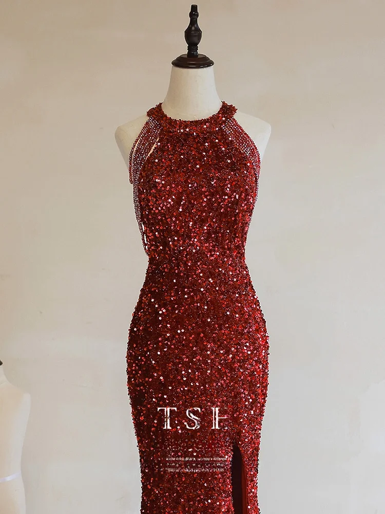 

Ele Red Fi Tail Evening Gown Women's New Year's Celebration Ne Hanging Wine Serving Dr Sexy Bead Embellied Long ...
