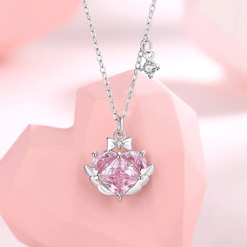 

NEW European Sweet Pink AAA CZ Heart 100% S925 Sterling Silver Necklace Chain For Women Birthday Party Gift Jewelry