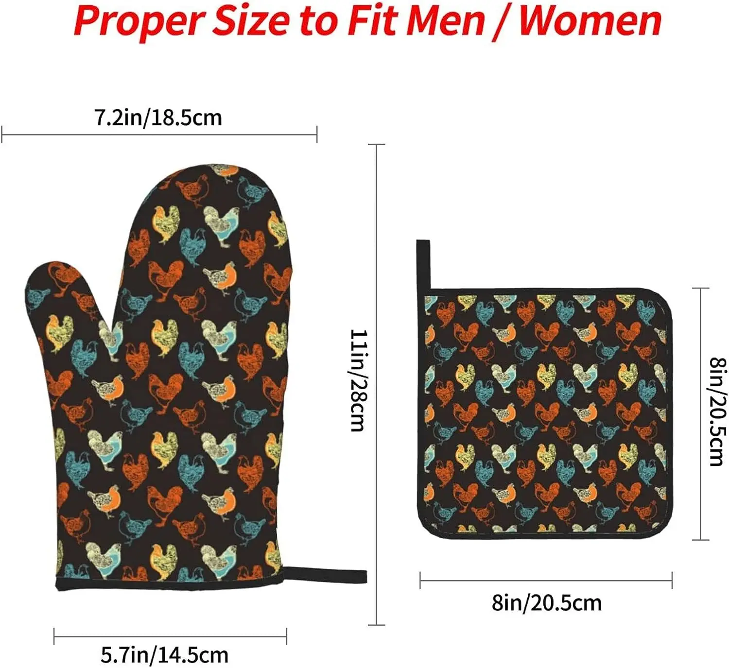 Rooster Oven Mitts and Pot Holders Sets of 4 Chicken Kitchen Mitts Heat Resistant Cock Oven Gloves Potholders for Kitchen Baking