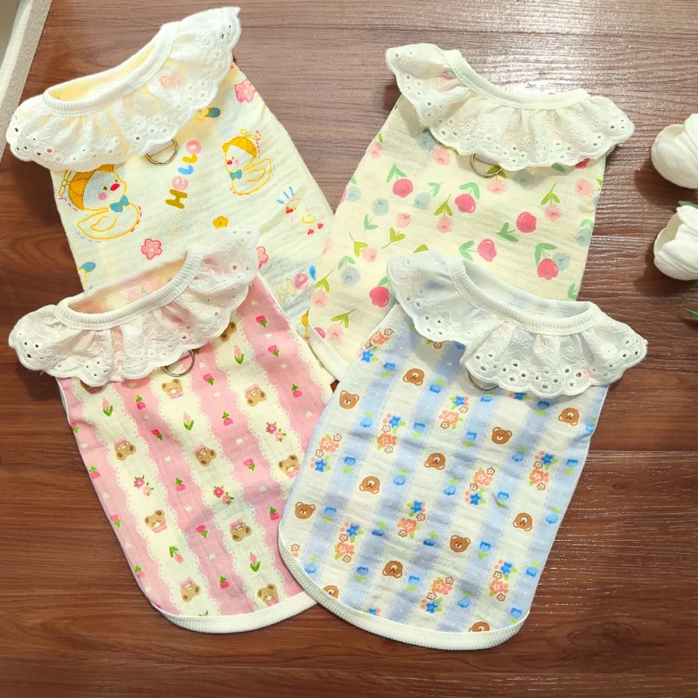 

Soft Cotton Dog Shirt Lace Collar Cute Rabbit Bear Cat Vest Thin Breathable Floral Pet Skirt for Small Medium Dogs