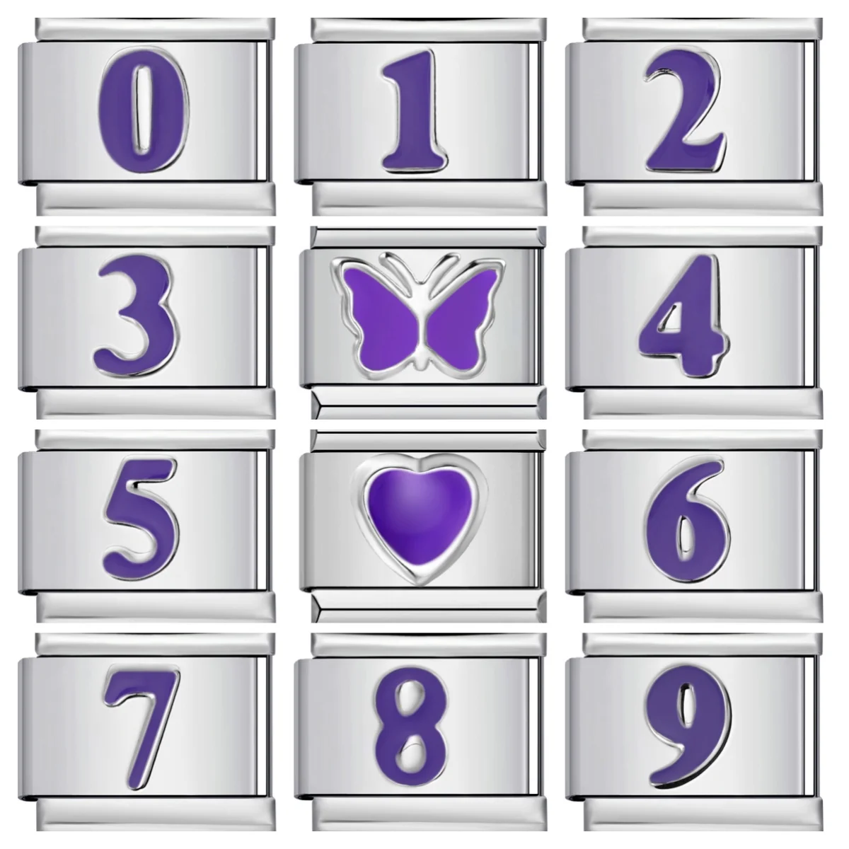 Modisches Glasiertes Lila Schmetterlings-Nummernarmband 0/1/2/3/4/5/6/7/8/9 Italienisches 9mm Edelstahl-Charm-Armband DIY-Perlenherstellung – Detail 1