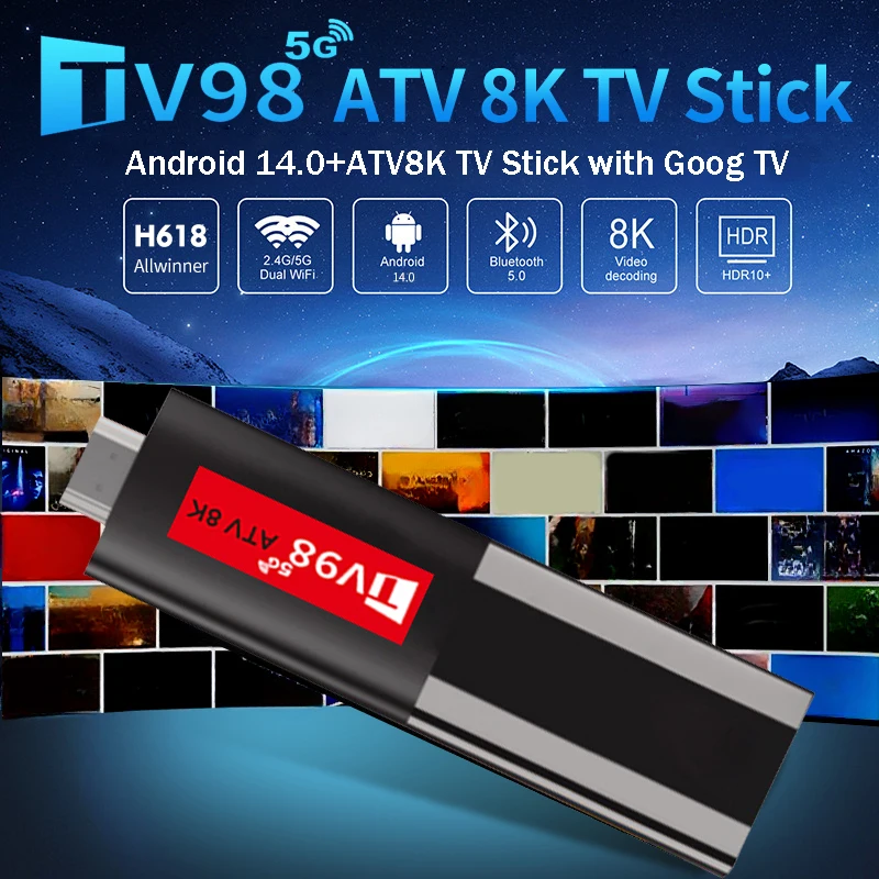 Tv98 atv 8k tv stick all winner h618 quad core android 14 hdr10 8k 4k 3d wifi6 2,4g & 5,8g bt 5,0 sprach fernbedienung iptv smart tv box