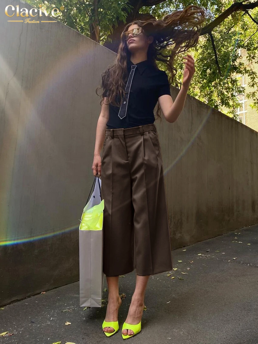 Clacive Fashion Loose Brown Women\'s Pants 2025 Casual High Waist Calf Length Trousers Elegant Classic Pants Female Clothing