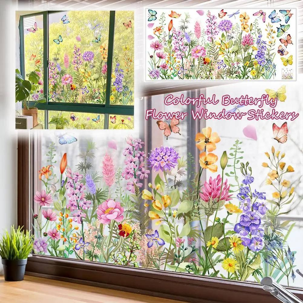 Double Sided Colorful Flowers Butterfly Wall Sticker Electrostatic Window Glass Sticker Visible Decorative Wall Decal - view 3