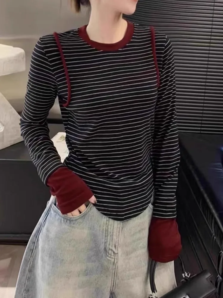 

Casual Woolen Knitted Long Sve Striped Base irt Slimming Versatile Autumn Faionable Young-looking Boting Top