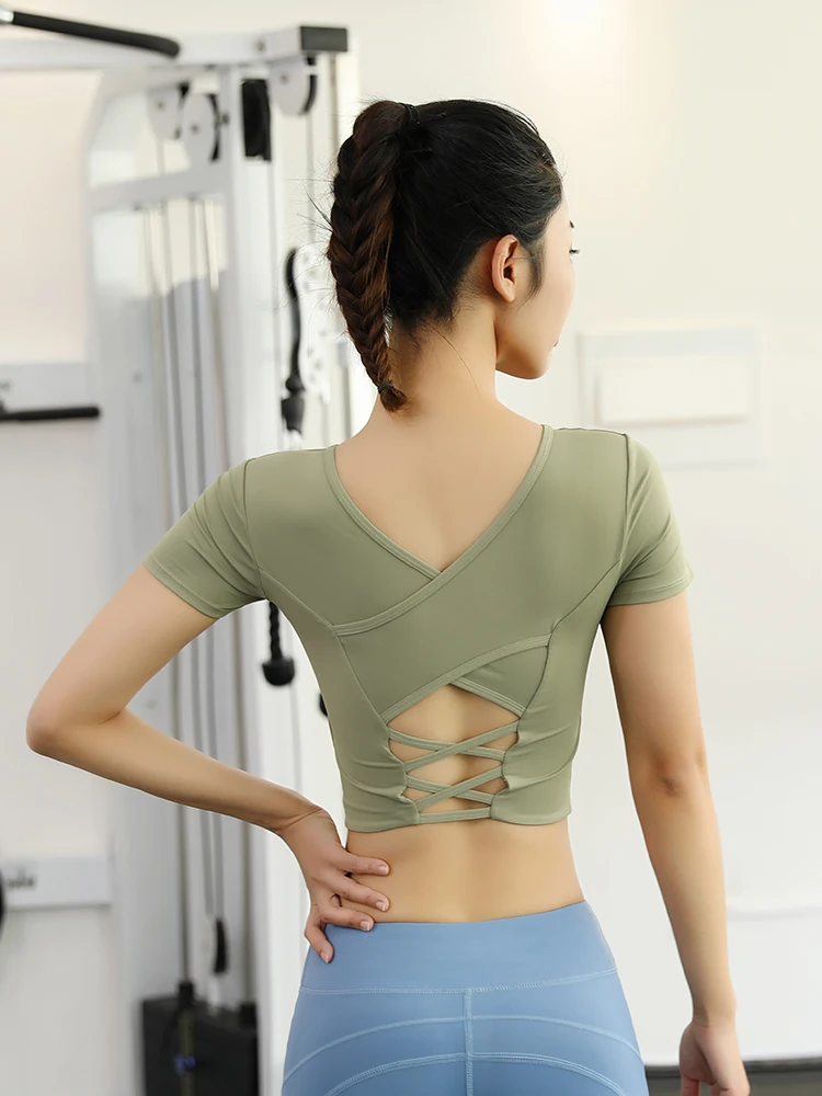 Fashion Crop Top Back Cross Open Back Design Crew Neck Breathable Quick Dry High Elastic Yoga Tank Top For Women