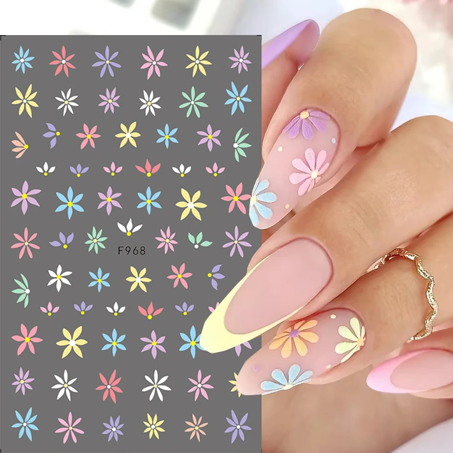 Colorful Flower 3D Nail Stickers Green Leaf Floral Daisy Spring Nail Art Water Decals Sliders Manicure Butterfly Nail Tips Decor