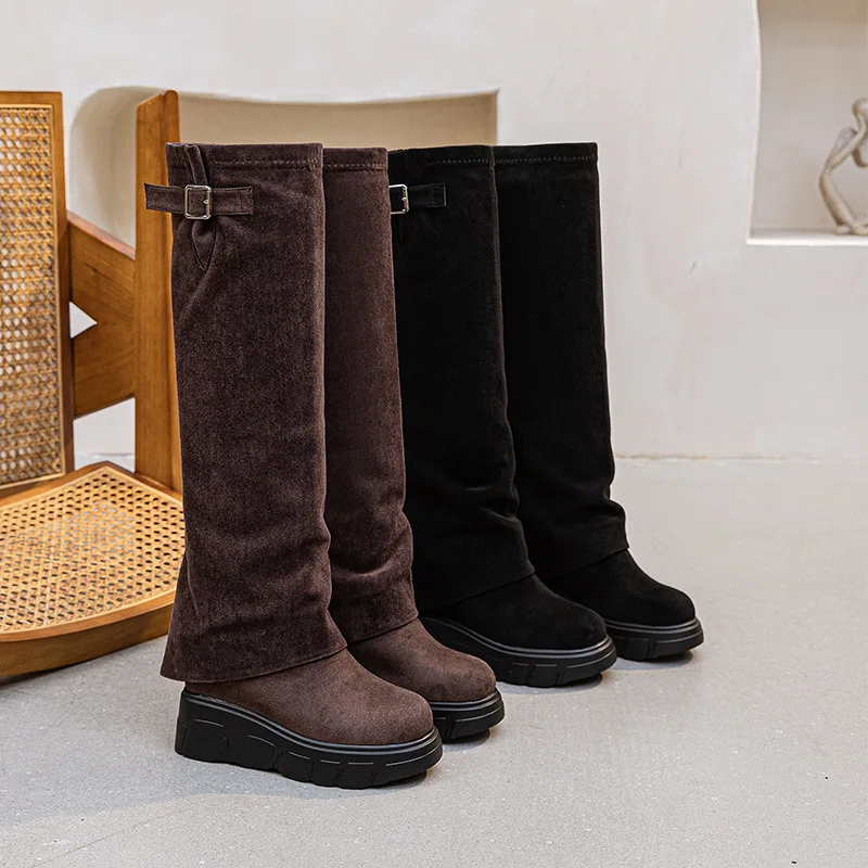 

Осенне-зимние винтажные женские сапоги до колена 10 см, женская элегантная обувь без шнуровки из однотонной замши, длинные ботинки на толстом каблуке