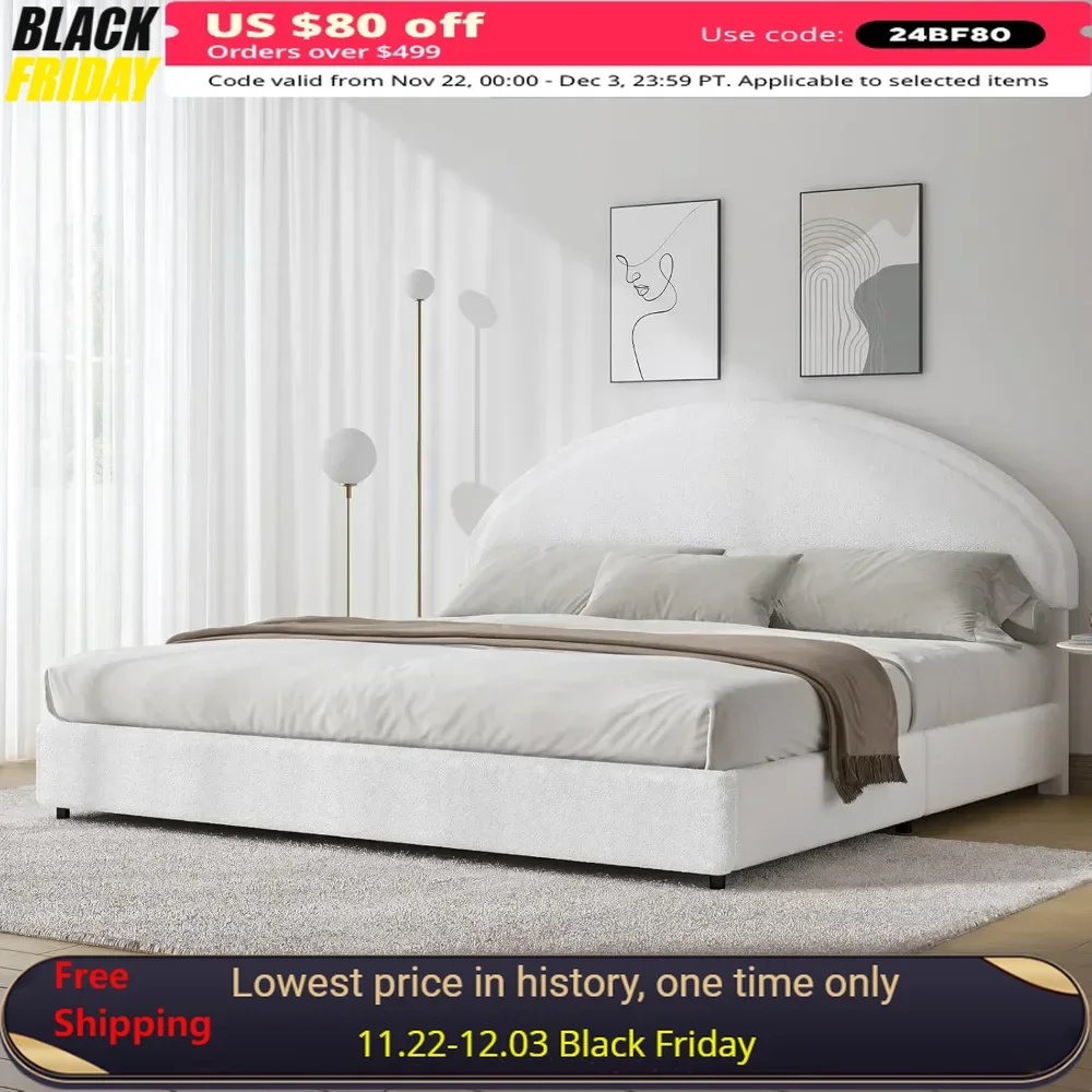 

King Size Bed Frame, Boucle Upholstered Platform Bed Frame with Headboard, Modern Style, Soft Arch Shaped Round Headboard