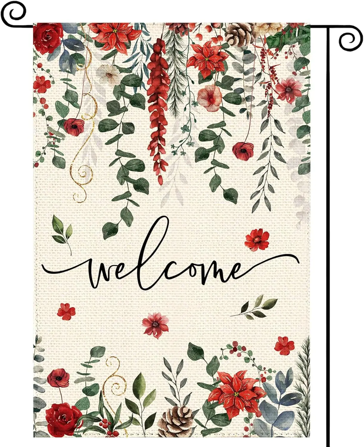 Tikeciti Christmas Red Poinsettia Welcome Garden Flag 12x18 Inch Double Sided, Xmas Berry Burlap Small Yard Flag Winter Flor uui