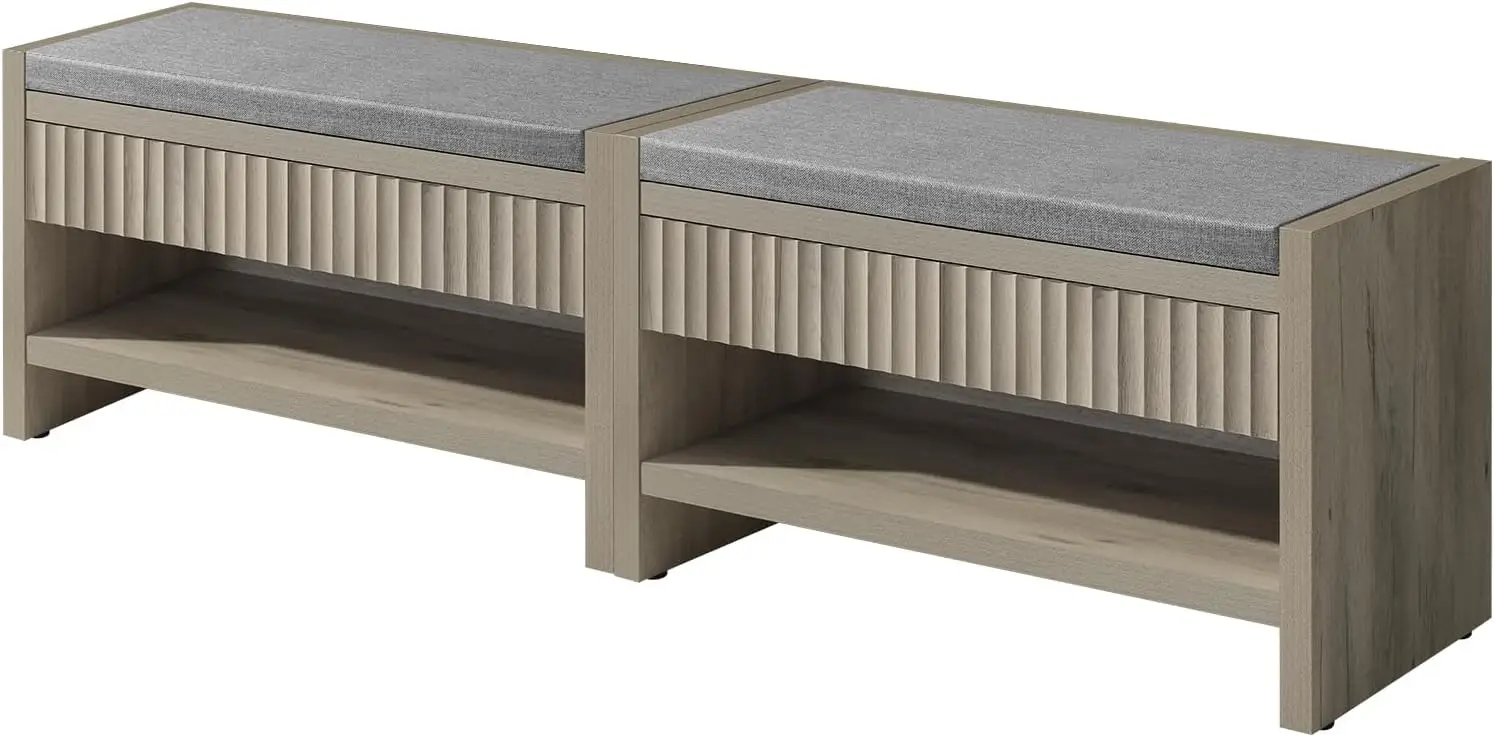 Fluted Shoe Storage Bench with 2 Drawers, Heavy Duty Entryway Bench with Linen Seat Cushion