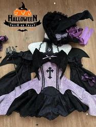 Halloween Clothing Y2k Punk Style Lolita OP Dress Women Gothic Bow High Waisted Slim Short Sleeve Dress Girl Princess Mini Dress