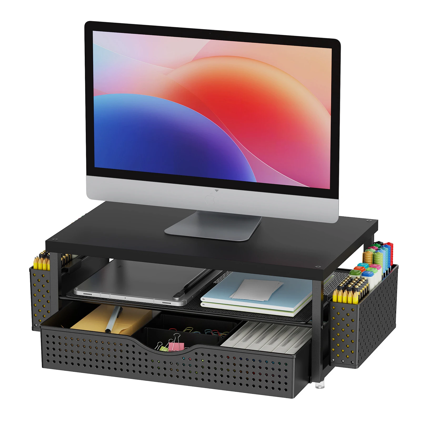 2-Tier Computer Monitor Stand Riser with Drawer and 2 Pen Holders Computer Stand Desk Monitor Riser Office Desk Accessories