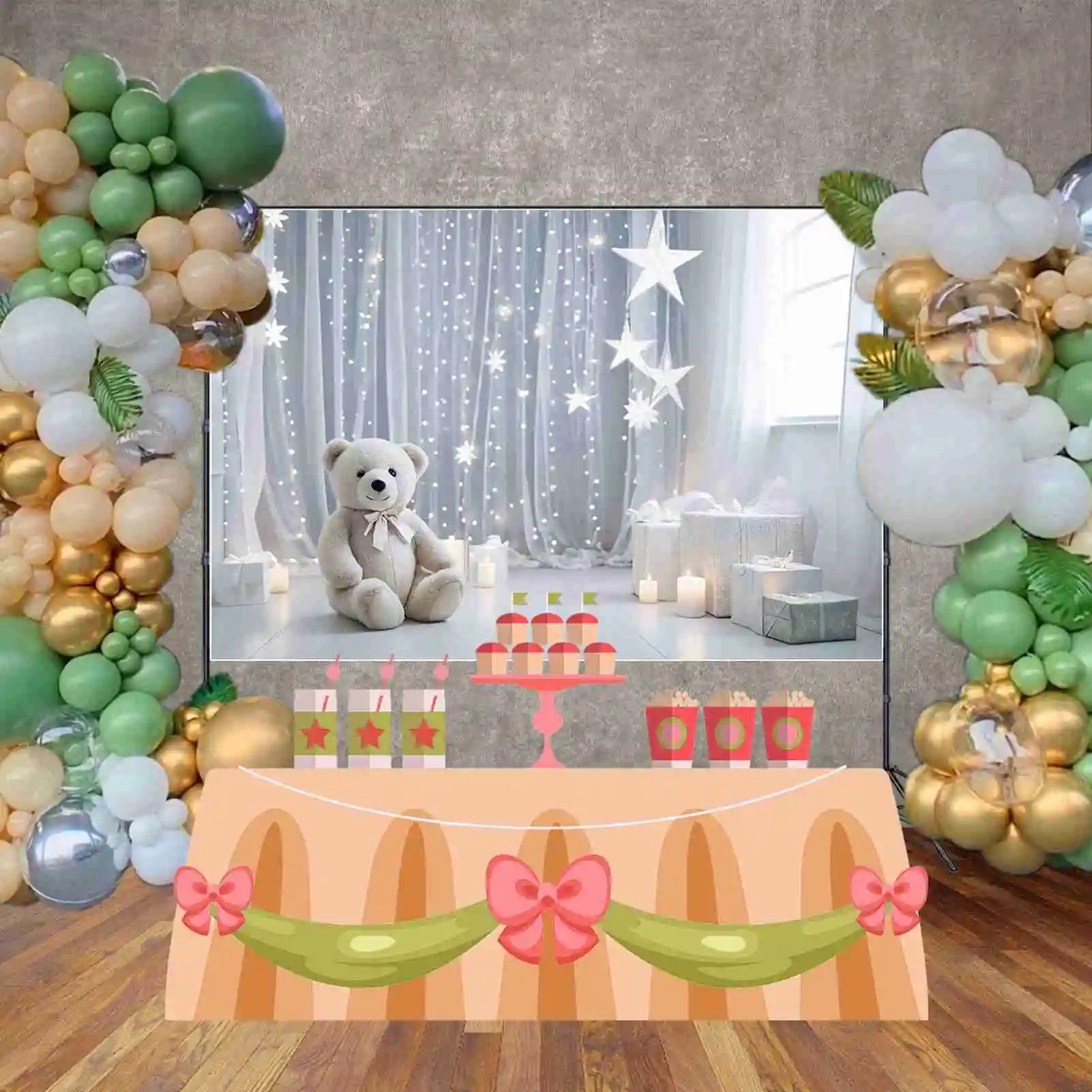 Moon.qg สีฟ้าสีขาวผ้าม่านวันเกิด1ปีพื้นหลังเด็กผู้ชายหมีเท็ดดี้ draping ผ้าบอลลูนฉากหลังปาร์ตี้ที่กำหนดรูปถ่ายอุปกรณ์ประกอบฉาก
