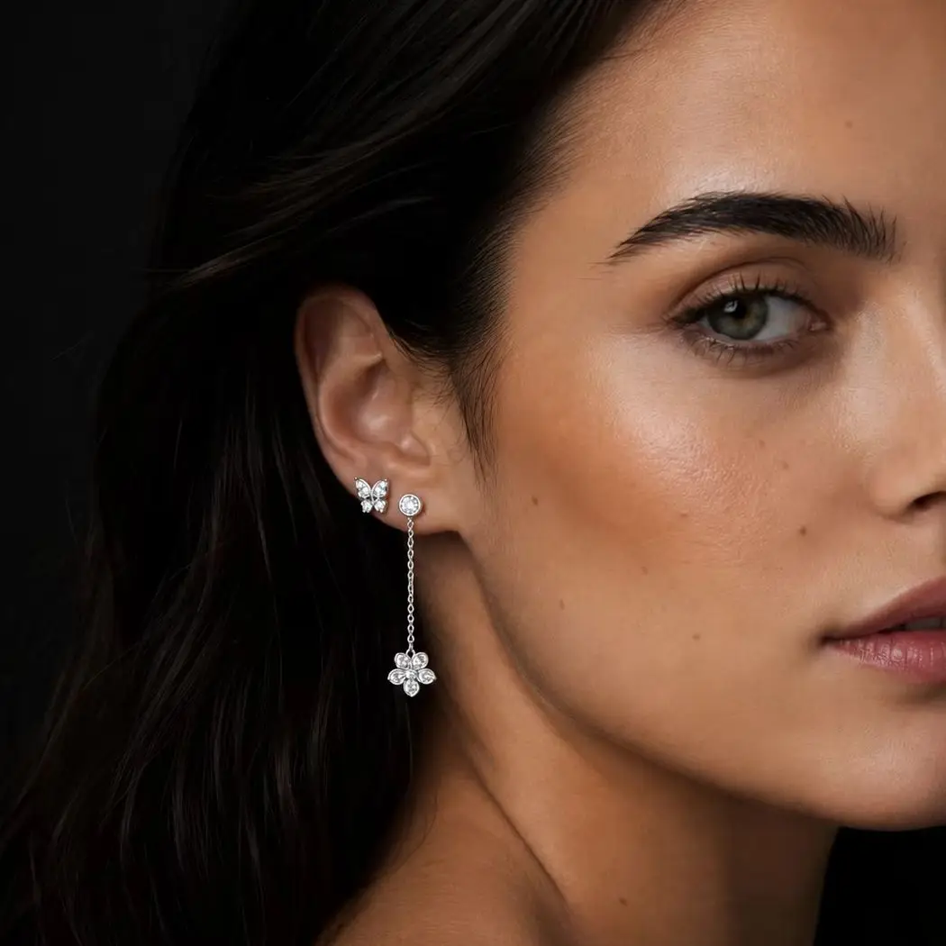 Asymmetrische Schmetterlings-Ohrringe für Damen – 925er Sterlingsilber mit 0,5 Karat Moissanit – Detail 3