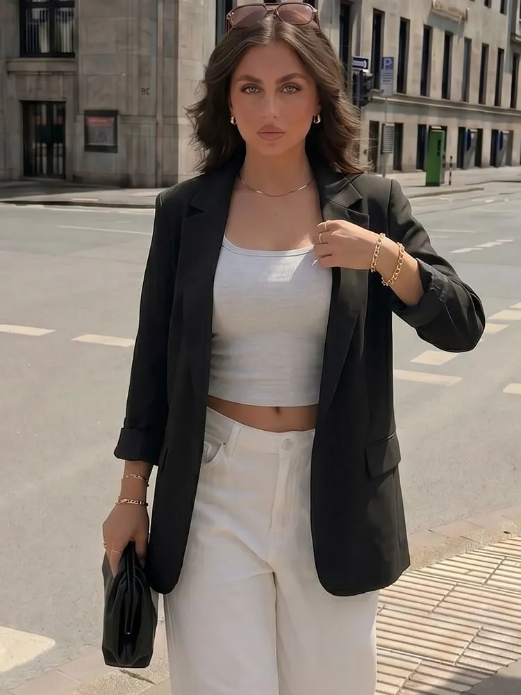 

HH Elegant Womens Black Roll Sleeve Blazer Vintage Party Casual Office Loose Outwear Pocket Open Front Fashion Vacation Coat