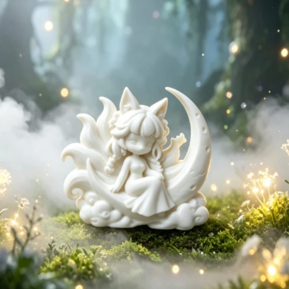 Moon Nine Tails Fox Fairy Figurine 3D Print Statue Oriental Myth Moon Cloud Sculpture Desktop Ornament DIY Hand Paint Decor Gift