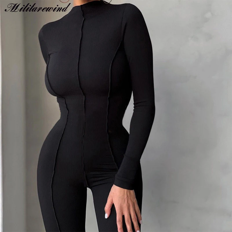 Fashion Turtleneck High Waist Solid Jumpsuit Casual Sheath Sportwear Women Elastic Fitness Romper High Waist Bodycon Jumpsuits