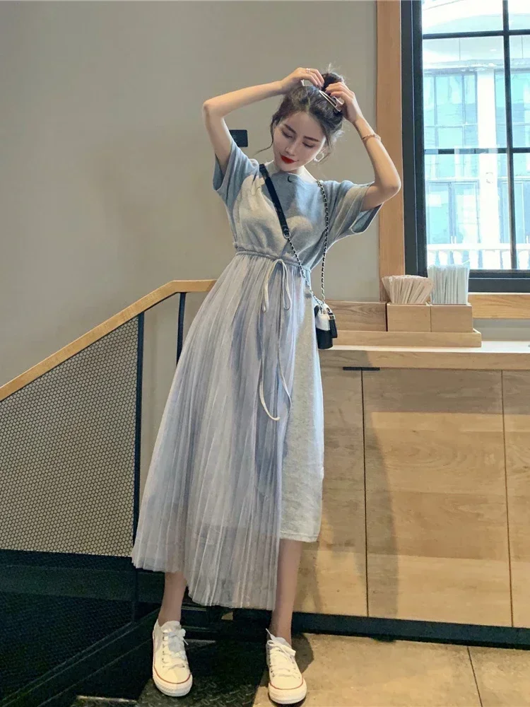 女性用半袖Tシャツドレス,ルーズニットTシャツ,女性用ロングドレス,気質,夏,新品,sp419