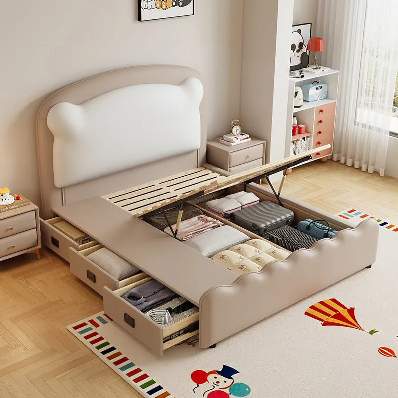 ^Children's Genuine Leather Princess Bed 1.2m/135cm 1.5m/180cm Creamy Tones for Girls & Master/Second Bedrooms (Customizable)