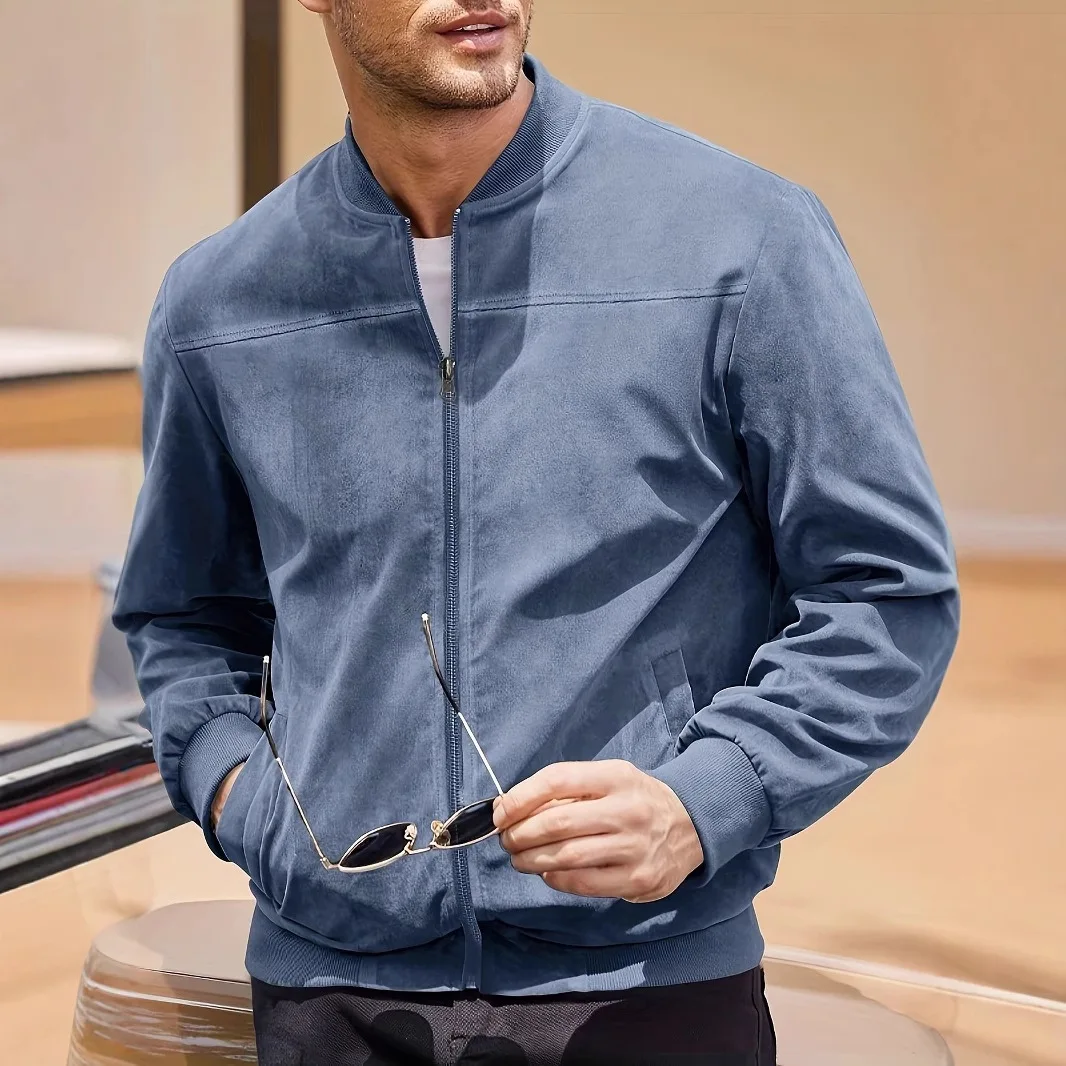 

Autumn Winter Men's Zipper Suede Jacket Coat Sports Business Golf Bomber Jacket Outdoor Turndown Collar Baseball Suit Coats