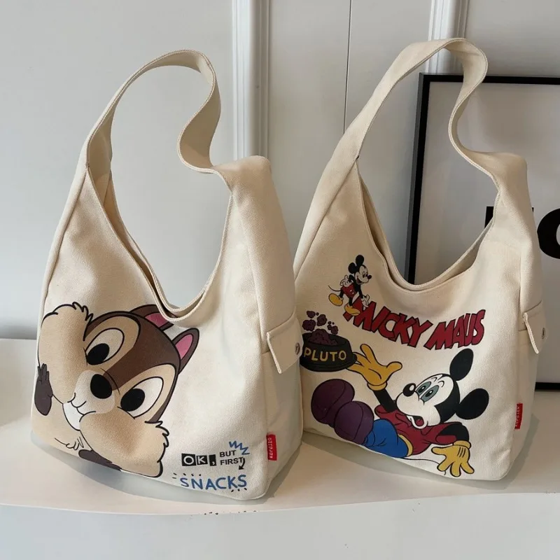 Disney New Mickey Canvas Bag Large Capacity Cartoon Shoulder Bag Student Commuting Versatile Popular Daily Tote Bag