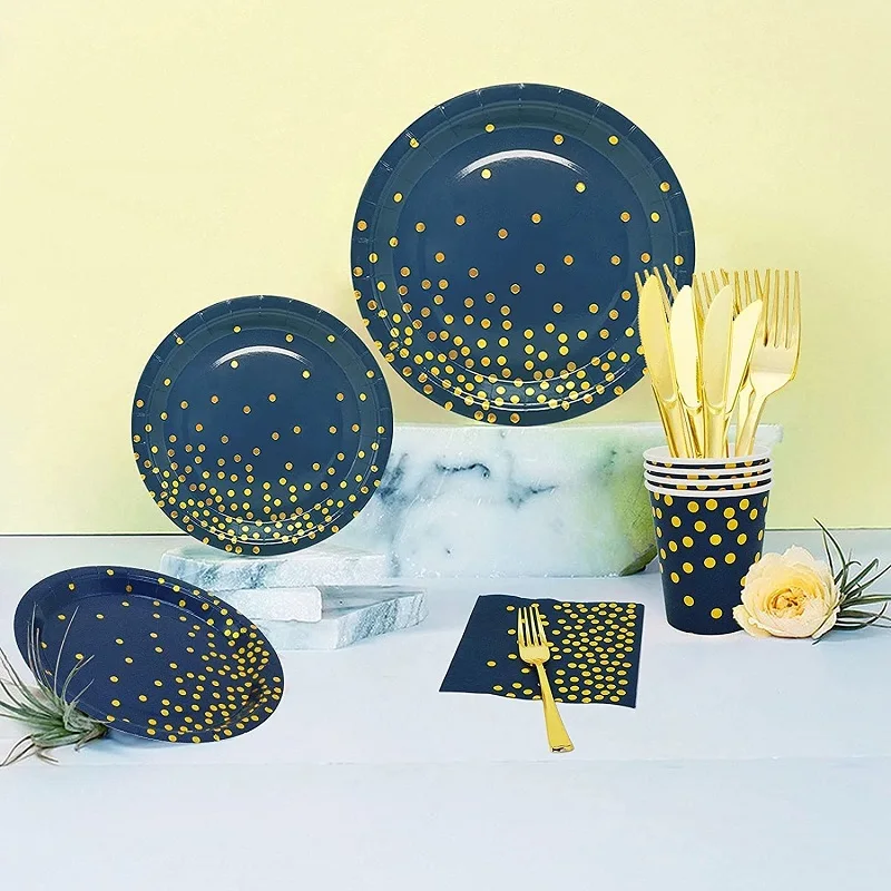 Royal Blue and Gold Plates and Napkins Party Supplies Navy Blue Disposable Paper Plates Tableware Set for Birthday Wedding Party