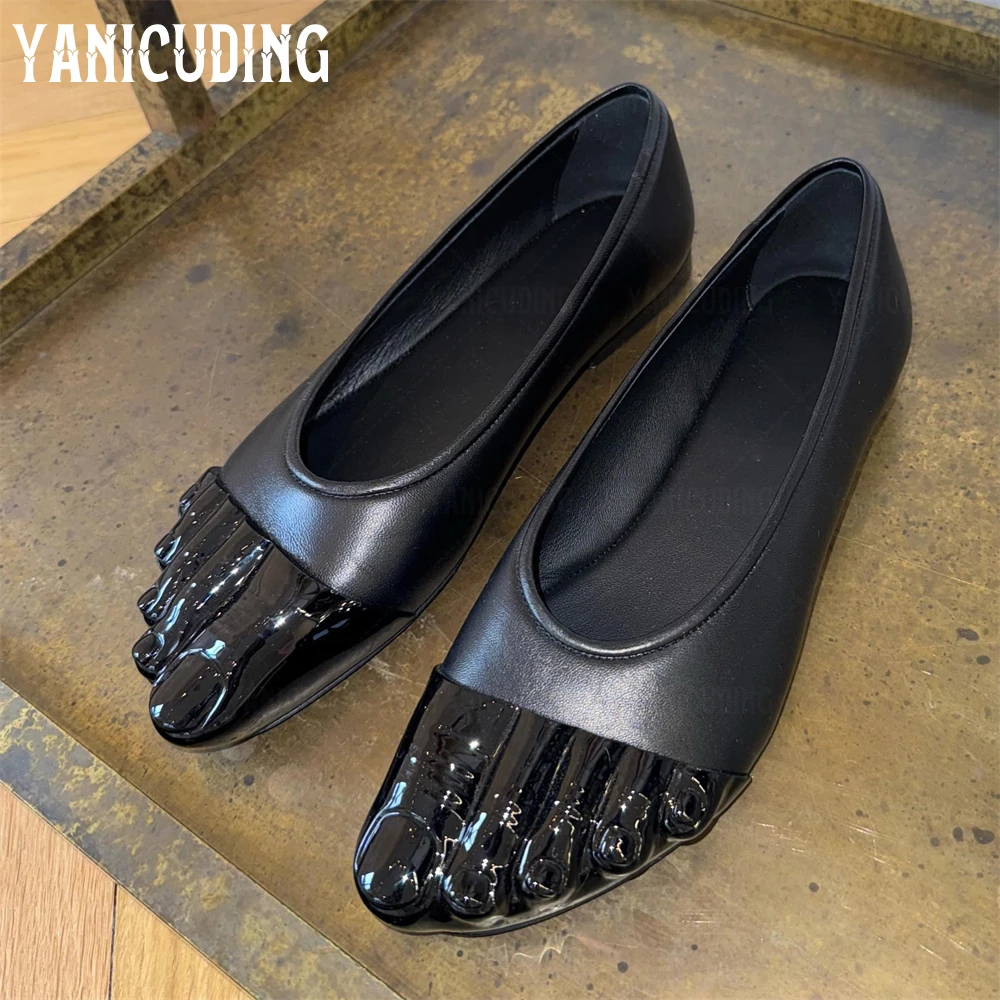 

Five Toe Leather Ballet Flats Novelty Designer Style Ballerinas Moulded Fingers Black Leather Shoes Unique Individual Toes Flats