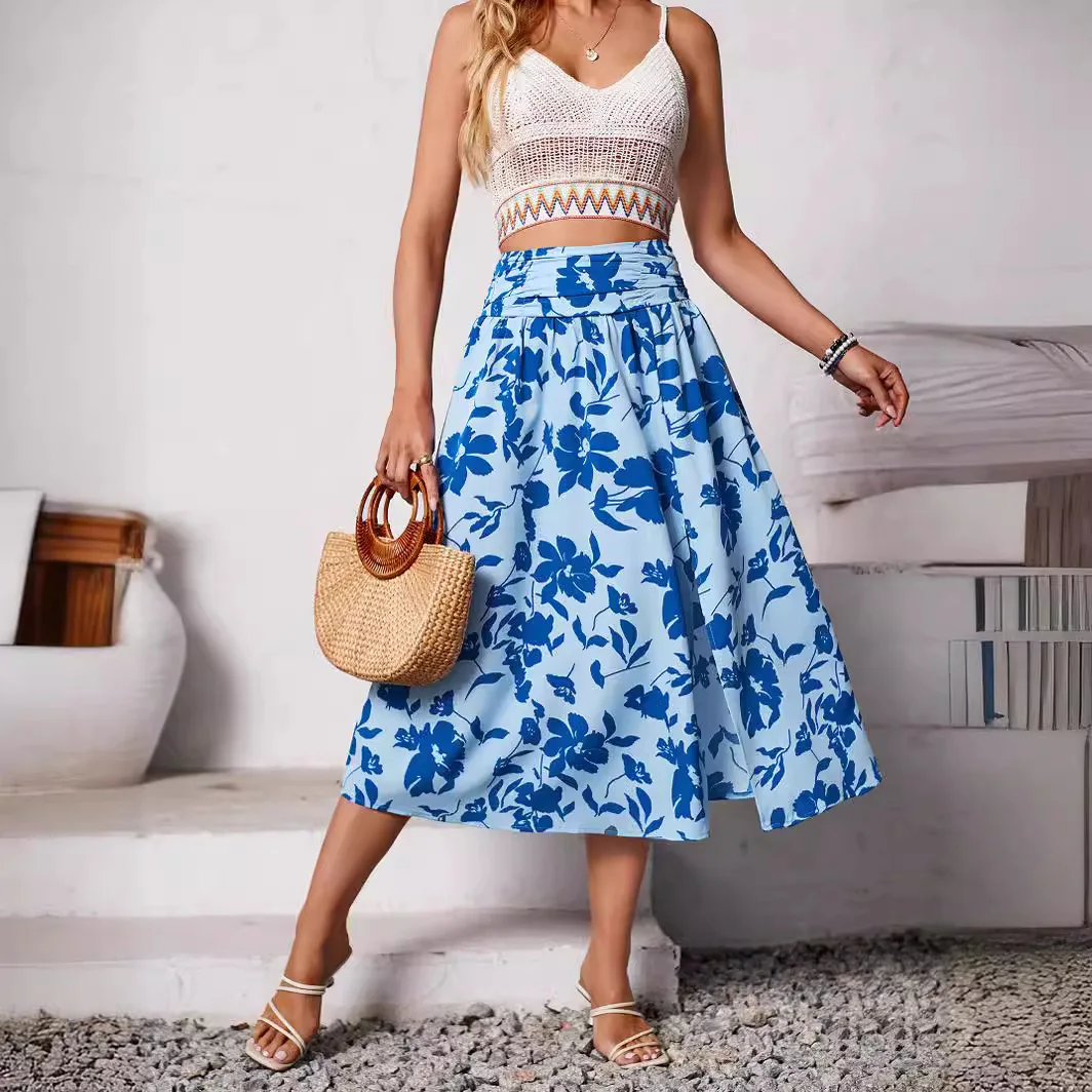 

Women's Mid-length Skirt New Summer Fresh And Sweet Skirt Casual Casual Floral Print Slit Skirt For Women