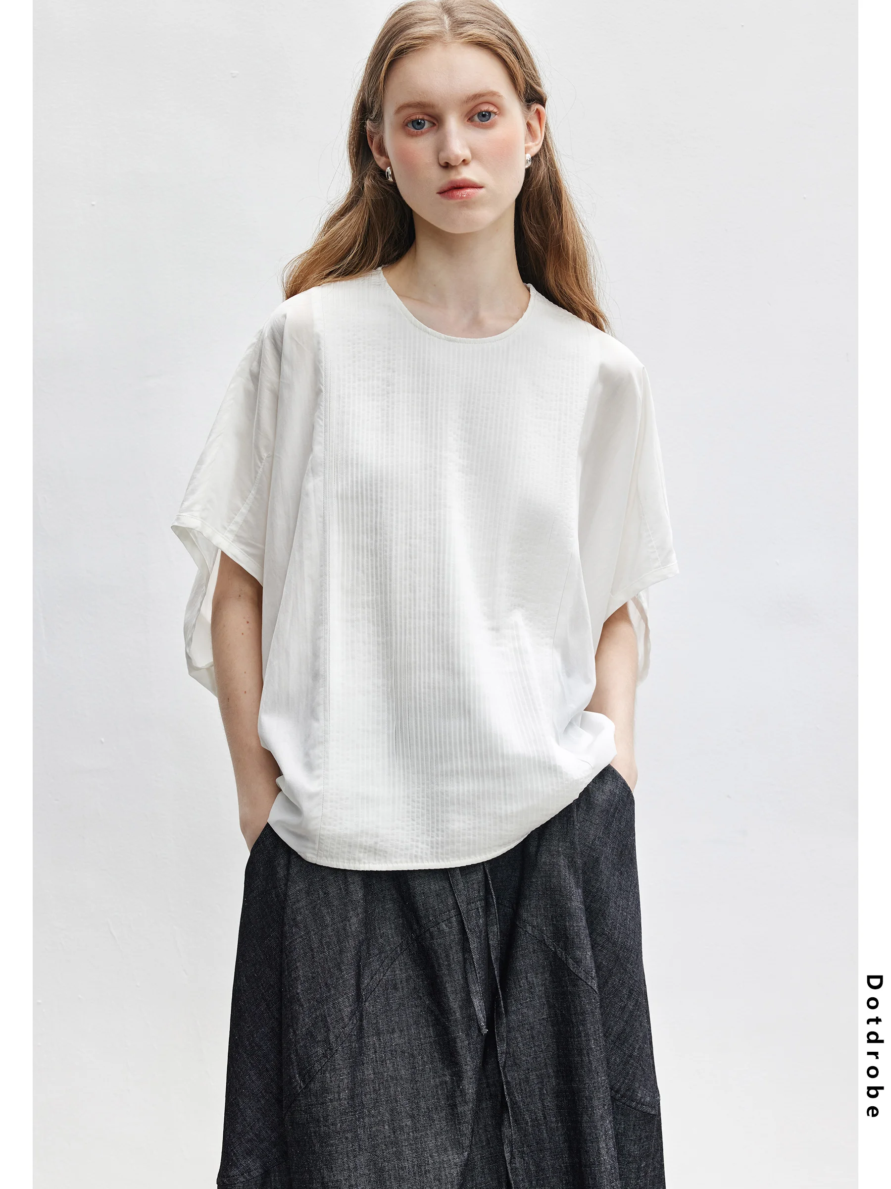 

Женская футболка DotDrobe с круглым вырезом, свободного кроя, тонкая, летняя, из смесового хлопка, комфортная, дышащая, белого цвета