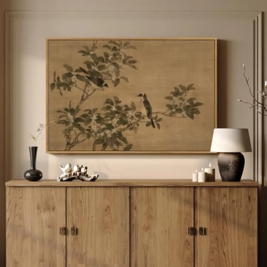 

Vintage botanical birds on branch wall art for living room, bedroom, dining room, office; canvas print in neutral tones with ru